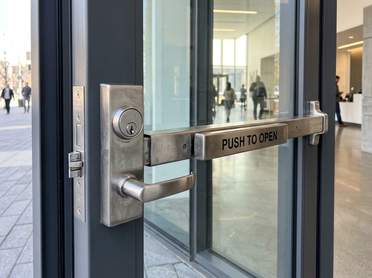Commercial door panic exit push bar hardware installation