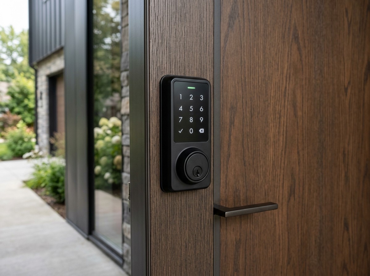 Modern electronic touchscreen door lock hardware on entrance door