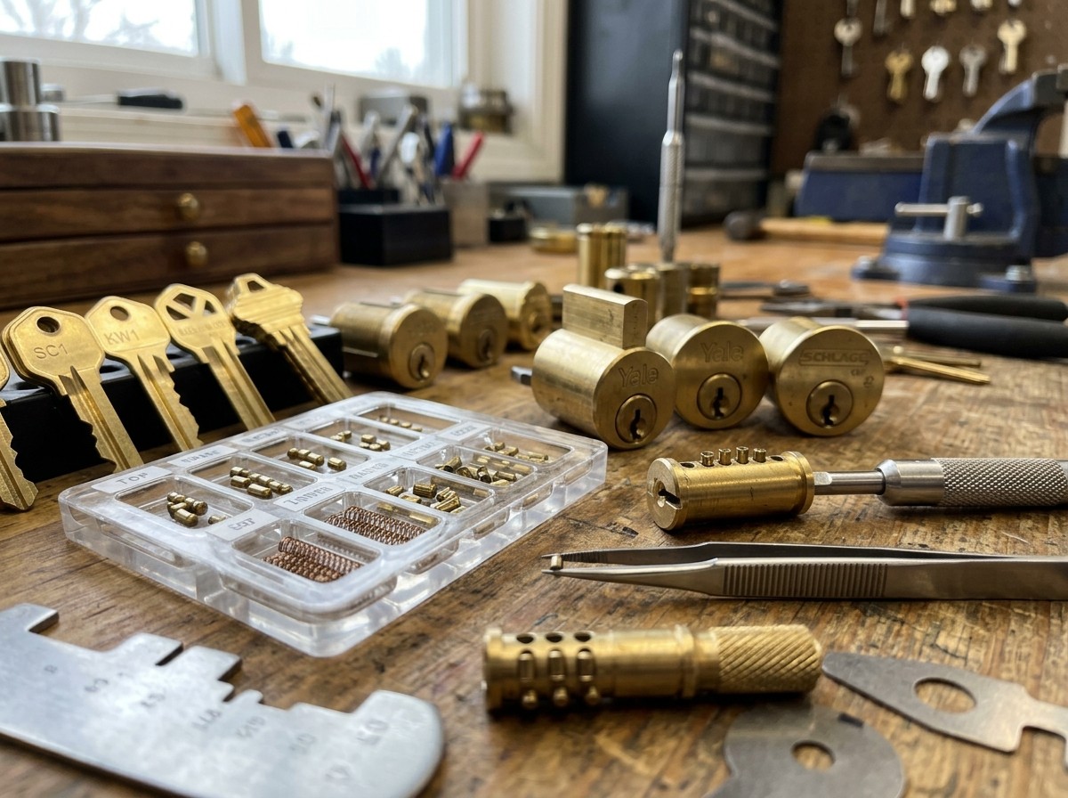 Locksmith workbench with cylinders, tumbler pins, key blanks, and rekeying tools